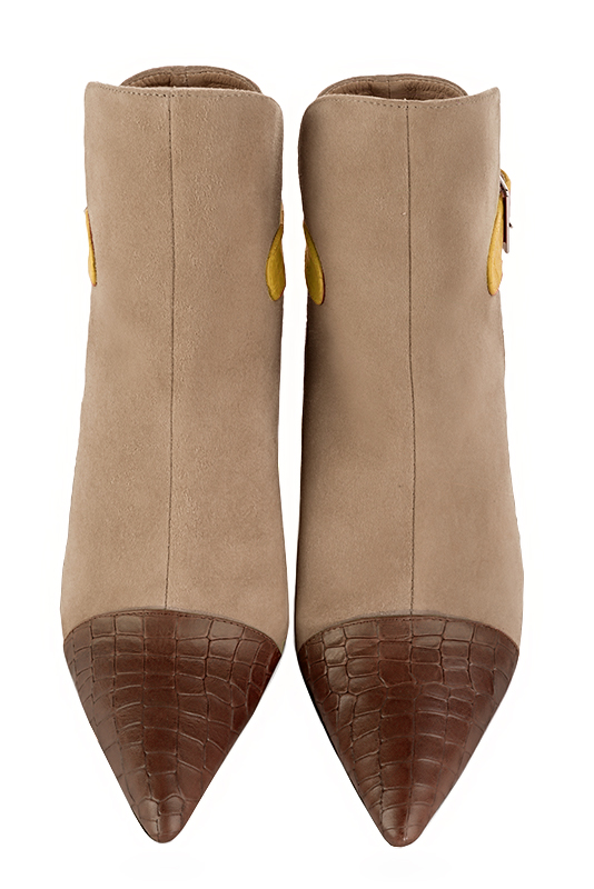 Caramel brown, tan beige and mustard yellow women's ankle boots with buckles at the back. Tapered toe. High slim heel. Top view - Florence KOOIJMAN